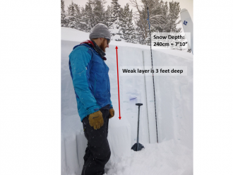 Snowpit showing weak layer depth