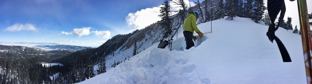 Digging a snowpit above Fairy Lake Digging a snowpit above Fairy Lake