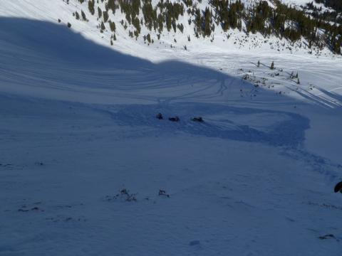 Snowmobile triggered avalanche debris Henderson Mtn